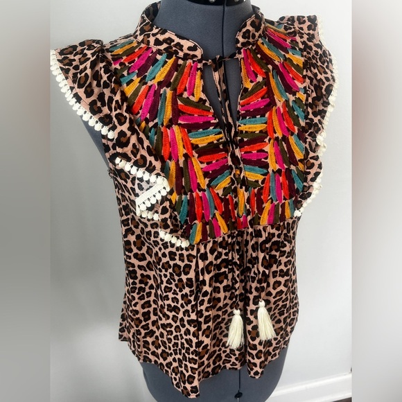 THML Boho Leopard Print Embroidered Tassel Top Sz S Ruffle Sleeve Festival Chic - Picture 4 of 16
